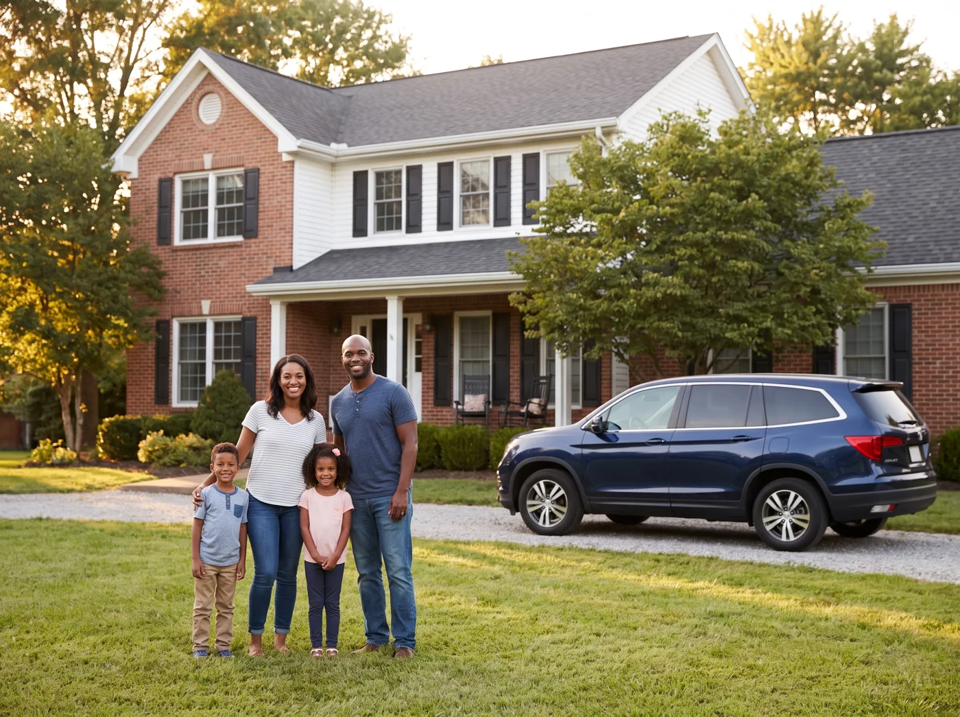 A family standing in front of their home with their car in the driveway